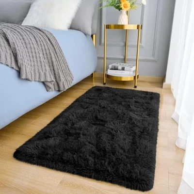 Bild av MOONLIGHT20015 mattor vardagsrum fluffiga svarta lurviga för sovrum supermjuk liten tjock lugg halkfri matta plyschmatta matsal, 50 cm x 80