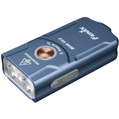 Bild av fenix E03R v2.0 blå, uppladdningsbar lätt nyckelring 500 lumen 90 m 30 timmar max rött ljusläge USB C laddning IP66