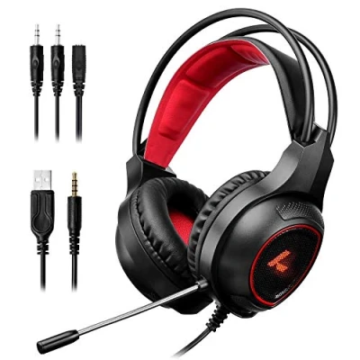 Bild av LYCANDER Gaming headset med mikrofon LED lampa, 3,5 mm ingång för PC, PS4, Xbox One, Nintendo Switch och mer (Essential svart/röd)