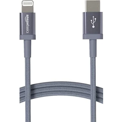 Bild av Amazon Basics USB A till Lightning laddningskabel, nylonflätad kabel, MFi certifierad laddare för Apple iPhone 14, 13, 12, 11, X, Xs, Pro, Pro Max, Plus, iPad, 1,8 m, mörkgrå