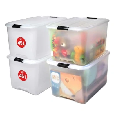 Bild av Iris Ohyama, PlastFörvaringsLådor med lock och stängningsklämmor, 45L, Set 4, Integrerade handtag, Stapelbar, BPA fri, Sovrum, Kontor, Vardagsrum, TB 45, Klar