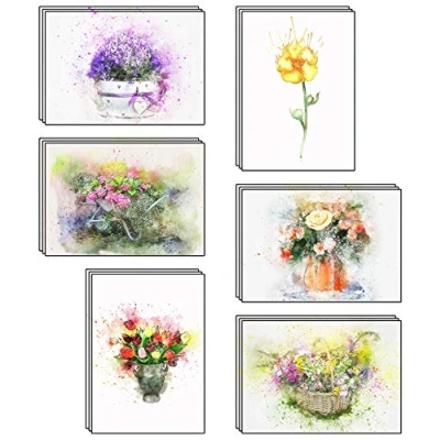 Bild av 48 tomma konstnärliga vattenfärgsblommor gratulationskort gjorda av återvunnet kort