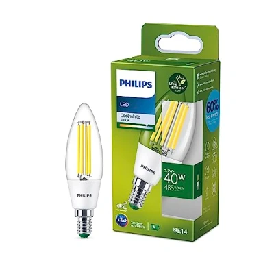 Bild av Philips LED Ultra Efficient, Extremt energisnål klassisk ljuskälla, 40W, B35, E14, 4000 kelvin, klart glas, 50.000 timmar livslängd