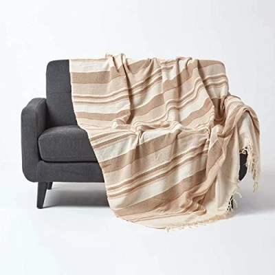 Bild av (225 x 255 cm, Beige) Homescapes Morocco Textured Stripe Throw 230cm 250cm Natural Beige Brown Handmade 100% Cotton Suitable for most 2 Seater Sofas Single bedspreads Easy care washable at home