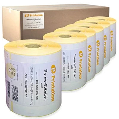 Bild av Tryckfraktsetiketter 103 x 199 mm vit DHL, DPD, GLS, UPS 1 500 termofraktetiketter på 6 rullar 250 termoetiketter per rulle termodirekt permanent paketklistermärken zebra