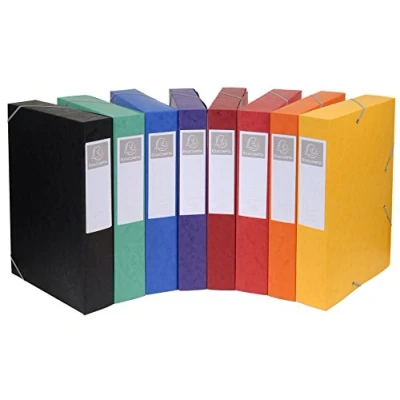 Bild av Exacompta Ref. 19500H 1 arkivbox med resår CARTOBOX Levereras platt Rygg 5 cm 7/10 glansig kartong 600g/m² Mått 25x33cm Arkivformat A4 8 slumpmässiga färger