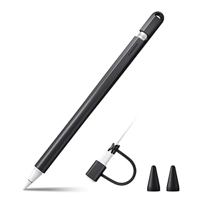 Bild av Fintie Silikonfodral kompatibelt med Apple Pencil (1:a generationen) ultratåligt pennfodral, mjukt skyddande handtagshållare 2 spetsskydd och 1 kabeladapter Tether, svart