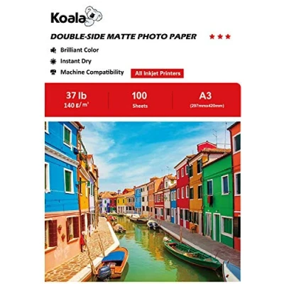 Bild av KOALA Dubbelsidig matt bläckstrålefotopapper A3, 140 gsm, 100 ark för bläckstråleskrivare. Lämplig utskrift av foton, broschyrer, omslag, certifikat, flygblad, kort