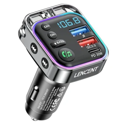 Bild av LENCENT Bluetooth V5.3 FM sändare, 30W PD &amp; QC3.0 Snabbladdare Biladapter, Stabil Anslutning Sändare för Bilradio, Hi Fi Musik, Tydliga Telefonsamtal, Handsfree kit