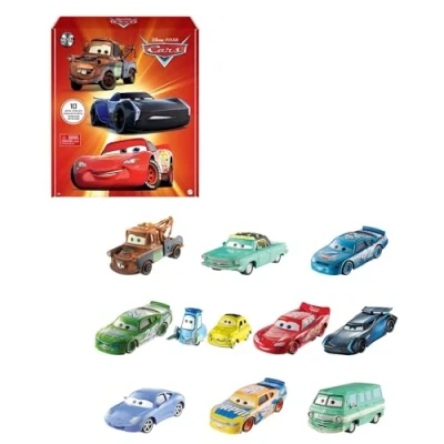 Bild av Mattel Disney Pixar bilar, formgjutna miniracerbilar i 10 pack, racerbilar miniatyrformat att tävla med, små, bärbara, samlarvänliga leksaker baserade på Bilar filmerna, från 3 år, HBW15
