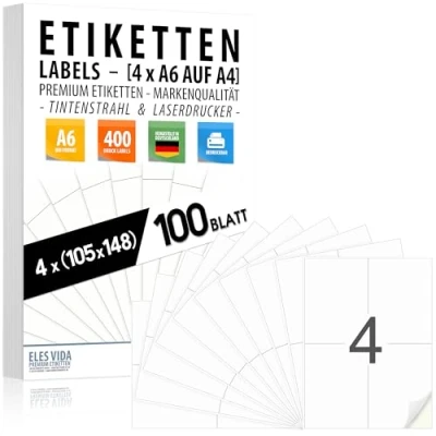 Bild av Etiketter 105 x 148 mm, självhäftande (4 stycken per A4 ark), matt vit yta, bläck och laserskrivare, (bläckstråleskrivare laser) fraktetiketter, tillverkade i Tyskland (100 ark 400 etiketter)