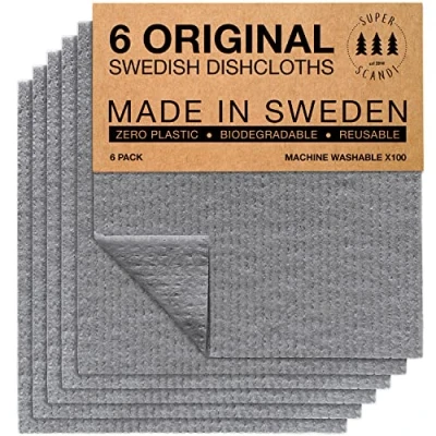 Bild av SUPERSCANDI Svenska disktrasor, miljövänliga, återanvändbara, hållbara, biologiskt nedbrytbara cellulosasvampdukar för köket, tvättdukar, ersättning hushållspapper (6 pack grå)