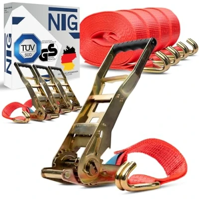 Bild av NTG 10 stycken 5000 kg 8 m spännremmar med Ergo spärrhake och krok långspakskratt, spännrem, 2 delar, lastbilsspännband, 50 mm TÜV/GS
