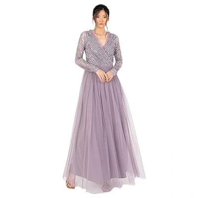 Bild av Maya Deluxe maxiklänning för kvinnor utsmyckad wrap tyll luftig V ringad långärmad bröllop gäst brudtärna bal klänning, Moody Lilac, 34