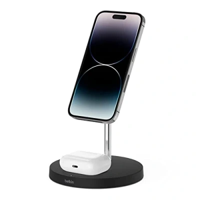 Bild av Belkin 2 i 1 trådlös laddare med MagSafe, (15 W snabbladdande laddningsställ för iPhone 14 , 12 och 13 serien, Airpods andra enheter MagSafe inkluderad strömadapter) Svart