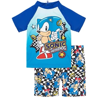 Bild av Sonic The Hedgehog Baddräkt för pojkar Barn 2 delad T shirt Shorts Karaktär Race Checkers
