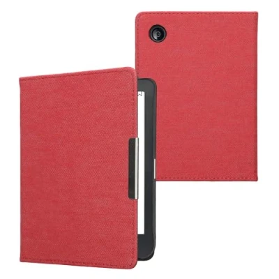 Bild av kwmobile e läsarfodral kompatibelt med Kobo Clara BW/färgfodral Ereader Flip Case Magnetlås Denimdesign i rött