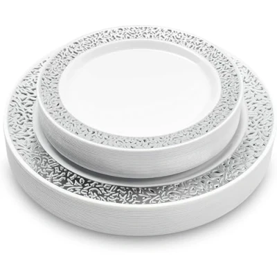 Bild av MATANA 40 Eleganta Vita Plasttallrikar med Silverspetskant för Bröllop, Födelsedagar, Dop, Jul och Fester (2 Storlekar, 26cm &amp; 18cm) Robust Återanvändbar