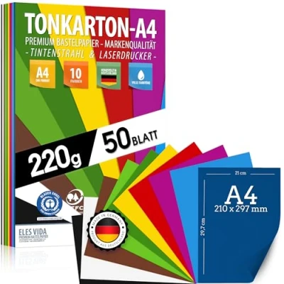 Bild av Färgat papper KARTON DIN A4 220 g uppsättning 10 färger tjockt hantverkspapper, färgade ark kartong för barn, DIY ark, kartongtillbehör fotoalbum presenter, kreativa behov, GÖRT I TYSKLAND