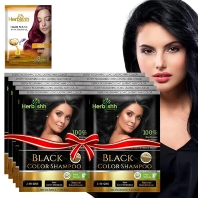 Bild av Herbishh Hair Color Shampoo for Gray HairNatural Dye with Argan MaskTravel size Colors in MinutesLong lasting colour10pack+1packAmmonia Free (Black)