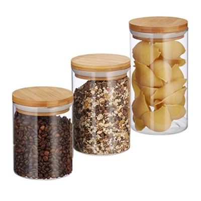 Bild av Relaxdays Förvaringsburkar glas, set om 3, storlekar 500, 700, 1 000 ml, för pasta, ris, müsli, kaffe, D 9,5 cm, natur, 18 x transparent, ljusbrun