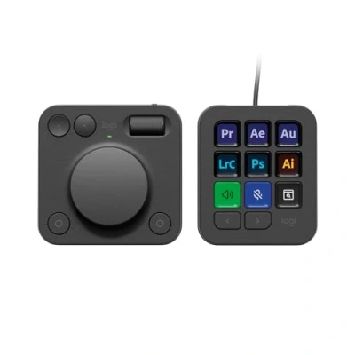 Bild av Logitech MX Creative Console, en programmerbar keypad med 9 anpassningsbara LCD tangenter och vridreglage för grafisk design, videoredigering bilder, använd Adobe,Zoom,Spotify mera Grafit