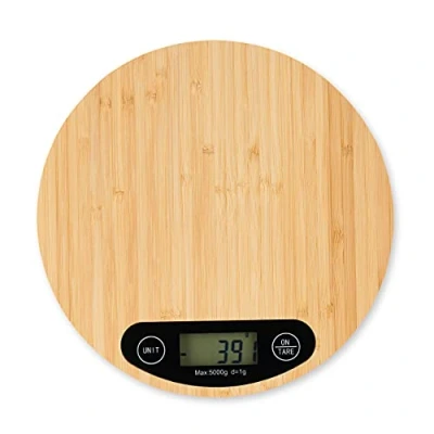 Bild av Relaxdays digital bambuköksvåg, LCD display, tarafunktion, lastkapacitet 5 kg, rund våg, diameter 20 cm, naturfärger, 2 x cm