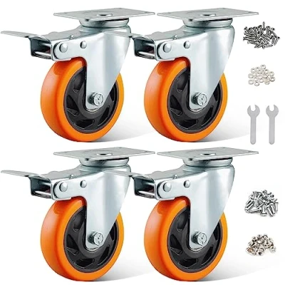Bild av BAOLIHUI 4 pack styrrullar för möbler, orange, 100MM möbelhjul med broms, tunga hjul 600kg, rullar transportrullar, arbetsbänk, verktygsvagn, pallar