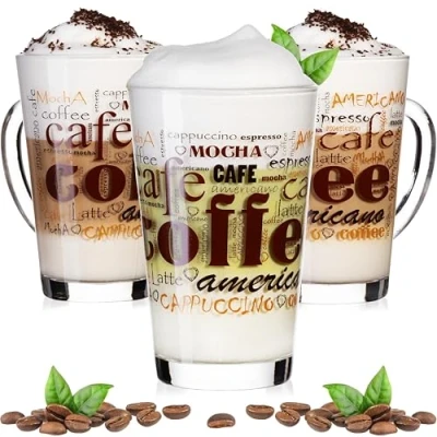 Bild av PLATINUX Kaffeglas med motiv max. 350 ml set i 3 delar av glas, latte, macchiato glas handtag, cappuccino