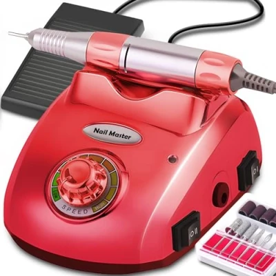 Bild av Retoo Elektrisk nagelfräs, professionell nagelfilset, 35 000 varv/min, 65 W, nagelfil manikyr pedikyr, för gelnaglar, akrylnaglar, gel, ta bort förhårdnader, nagelstudio, justerbar hastighet, röd