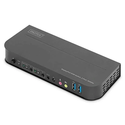 Bild av DIGITUS KVM Switch DisplayPort 2 portar med enkel bildskärm PC 1 1x mus, tangentbord och ljud för datorer UHD 4K@60Hz (4096 x 2160p) Hot Key 2x USB 3.0 Hub Svart