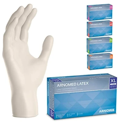 Bild av ARNOMED Latex engångshandskar XL, vita, puderfria, 100 st/ask, engångshandskar, i latex, latexhandskar finns storlekarna XS, S, M, L &amp; XL.