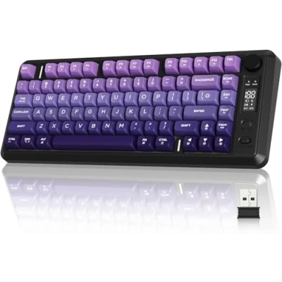 Bild av FREEWOLF M75 trådlöst tangentbord med dubbla lägen, Bluetooth+2.4G, vredkontroll och skärm, 82 tangenters kompakta PBT tonade tangenter, regnbågsljus, 2000mAh, full anti ghosting för Mac/Win Lila