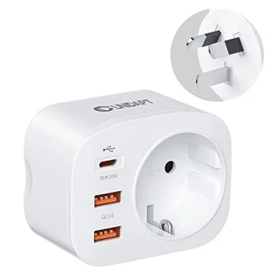 Bild av Unidapt Reseadapter Australien, Typ I Adapter Med 1 USB C PD 20W, 2 A QC 3.0 Snabbladdning, Travel för AU, NZ, Kina, Nya Zeeland snabbladdare Rese Plug, Vit