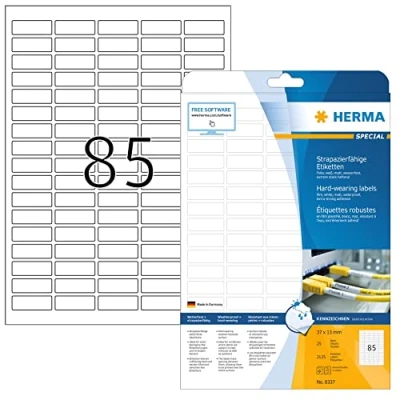 Bild av HERMA 8337 väderbeständiga folieetiketter A4 (37 x 13 mm, 25 ark, polyesterfolie, matt) självhäftande, utskrivbara, extremt stark häftande filmetiketter, 2 125 klistermärken, vit
