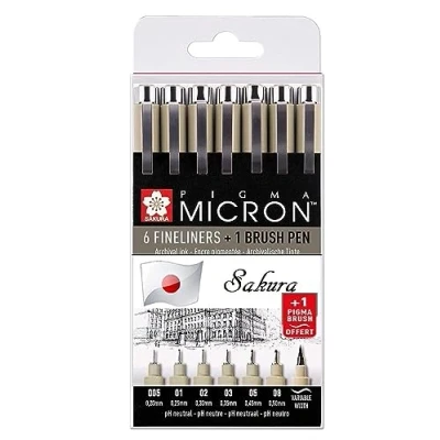 Bild av Sakura SPACEBEAUXARTS Pigma Micron Manga Set Black 7 All Plumes 005,01,02,03,05,08, borste