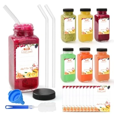 Bild av 6 stycken 250 ml smoothie flaska, glasflaskor för fyllning, shotflaskor dricksflaskor, små glasflaskor, miniglas med glassugrör juice, smoothie, mjölk, skola, utomhus