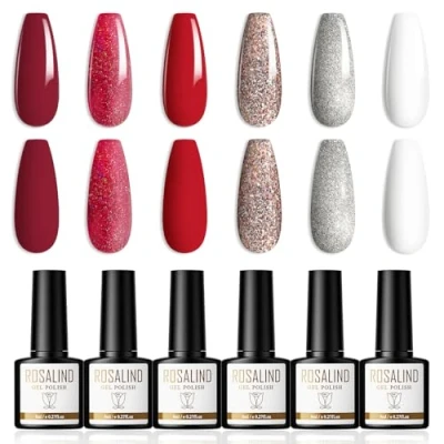 Bild av ROSALIND Gel Nagellack Silver Guld Röd Glitter 6 Färger Nail Polish UV LED Gelack Kit för Nageldesign, Nagelkonst DIY, 8ml