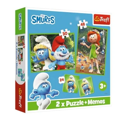 Bild av Trefl Smurfarna, Smurfarnas glada spel 3i1: 2x Pussel + Memory spel, 30 och 48 bitar, Olika svårighetsgrader, 24 memokort, Lek för barn över 3 år