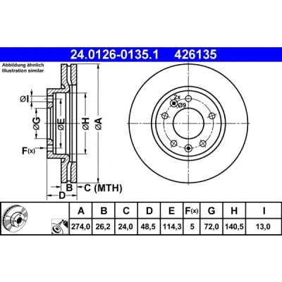 Bild av ATE 24.0126 0135.1 Disque de frein 274,0 26,2 5 114,3 ventilé revêtu KIA: CARNIVAL 2