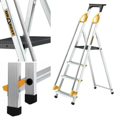 Bild av Drabest Stegar I PRO SERIEN 4 Stegs Hushållsstege Av Aluminium med Ledstänger 150kg Stege För Flera Ändamål Vikbar Hopfällbar Stegstege Aluminiumstegar 43 X 147 12 Cm