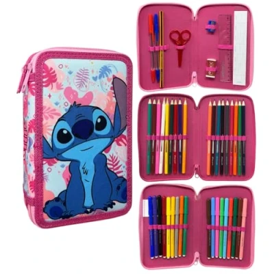 Bild av CARTOON pennfodral 3 hel dragkedja 44 st pappersvaror multifack pennor färgpennor giotto för skolan, Rosa Stitch,