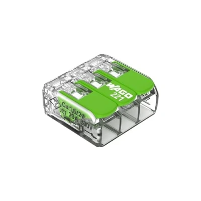 Bild av WAGO Green Range klämma 3 ledare, upp till 4 mm², anslutningsklämmor polig med spak för alla typer av 221423, 50 stycken