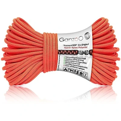 Bild av Ganzoo © Paracord 550 Rep 4 mm Ø nylon/polyester typ hybrid armband hundkoppel hundhalsband 250 kg. Brottlast Outdoor Campinglina universalrep 30 meter neonorange