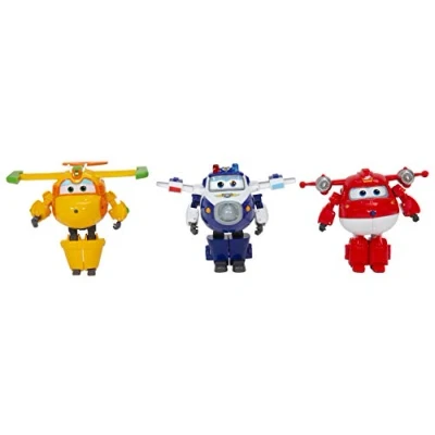 Bild av Super Wings Transforming Set Robotfigurer x3 Jett Supercharge/Paul Supercharge/Bucky, Leksaker för barn 3+ Season 4, 12cm, Blå Gul Röd