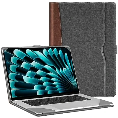Bild av Fintie Skal kompatibelt med MacBook Air 15 M3 M2 chip (20242023) A3114 A2941, högkvalitativt läderfodral folio, skyddsfodral, 15,3 tum, grått