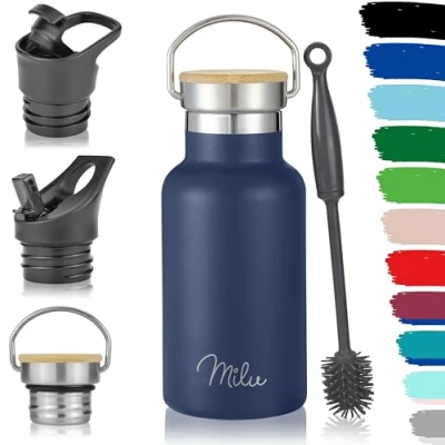 Bild av Milu Dricksflaska i rostfritt stål, 350 ml, 500 750 1 000 ml (+3 lock) termosflaska med sugrör, isolerad vattenflaska för barn, vuxna, resor, läckagesäker (marinblå, ml)