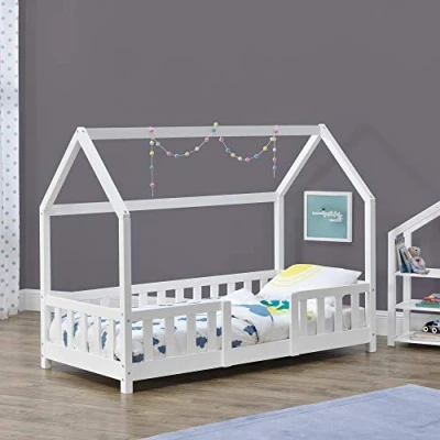 Bild av Juniorsäng Sisimiut hussäng 160x80cm furu vit med sängskydd [en.casa]