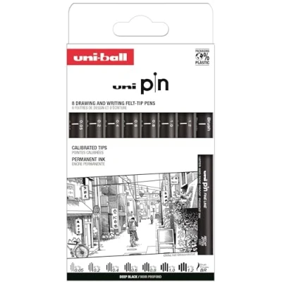 Bild av Uni Ball 8 st PIN fodral kalibrerade 0,05 till 1,2 mm färg svart set klassisk II