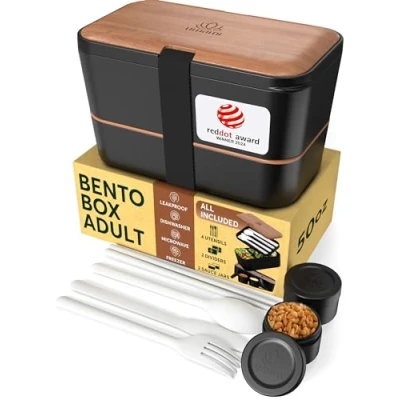 Bild av Umami Bento lunchlåda, bestick och 2 såsburkar ingår, bentolåda, mikrovågsugn infälld lunchlåda för vuxna, matlåda med 4 fack,